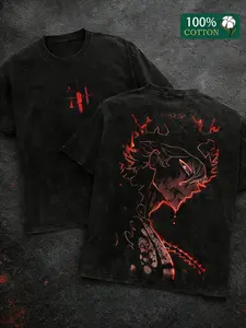 Gothic Loose Fit T-Shirt, Vintage Wash Anime Print, 100% Cotton Unisex Streetwear, Short Sleeve Fitted Casual Top