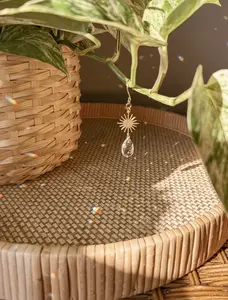 Sun Plant Vine Charm - Hanging Sun Catcher for Vines & Trailing Plants - Bohemian Home Decor - Celestial Aesthetic - Houseplant Accessory - Brass with Suncatcher Crystal