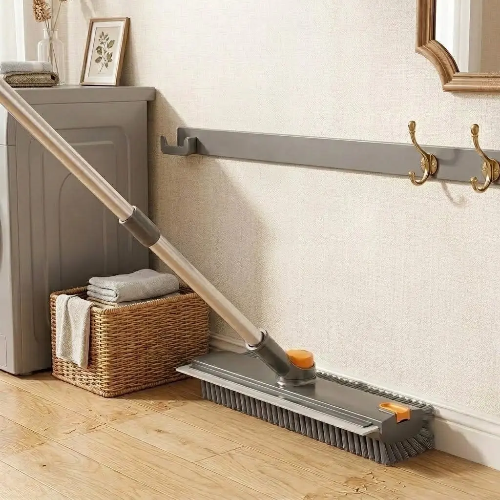 3 in 1 Floor Scrub Brush with Squeegee Long Handle Stiff Bristle Broom Crevice Cleaner Tool Adjustable Pole Cleaning Scraper for Bathroom Tile Grout Shower Patio Deck Garage Hardwood Floor Baseboard