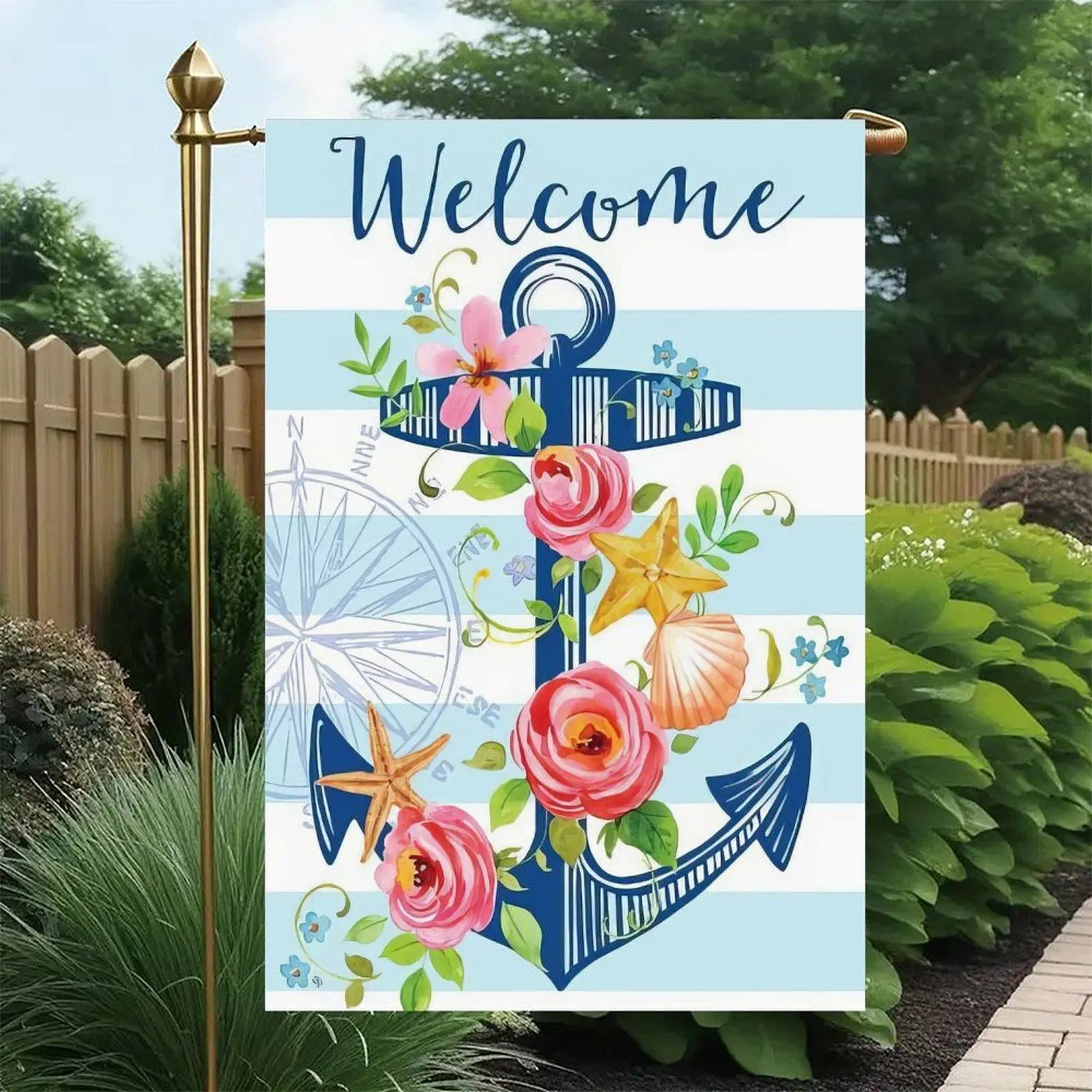 Blue Anchor Pink Rose Wildflower Starfish Seashell Striped Background Welcome Nautical Garden Flag Double-Sided 12x18in, Coastal Farmhouse Entry Patio Banner