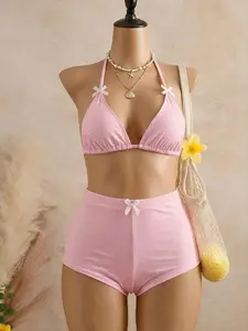 Women's Triangle Halter Bikini Set, Soft Textured Houndstooth Pattern Swimwear, High Waist Bottoms, Casual All Seasons