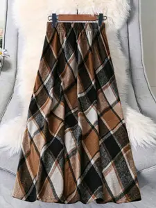 A women's brown checkered plaid woven stretch waist A-line midi skirt, perfect for fall/winter, slimming and versatile.