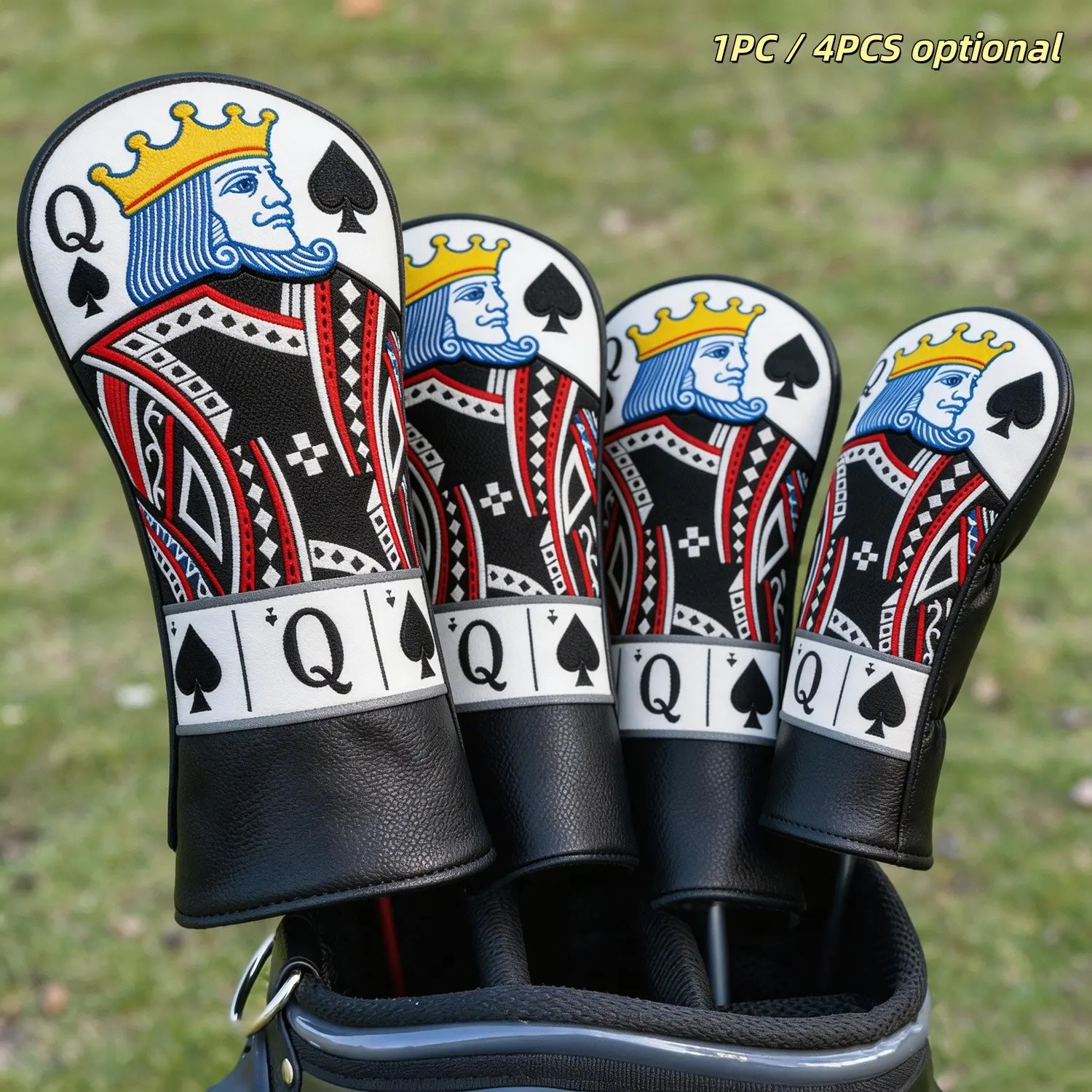 Golf Club Head Covers for Fairway Woods and Hybrids, Poker Card Spade Design, Golf Accessories, Golf Gift Accessory, PU Material, Stylish and Protective, Unisex, Fits Most Standard Clubs