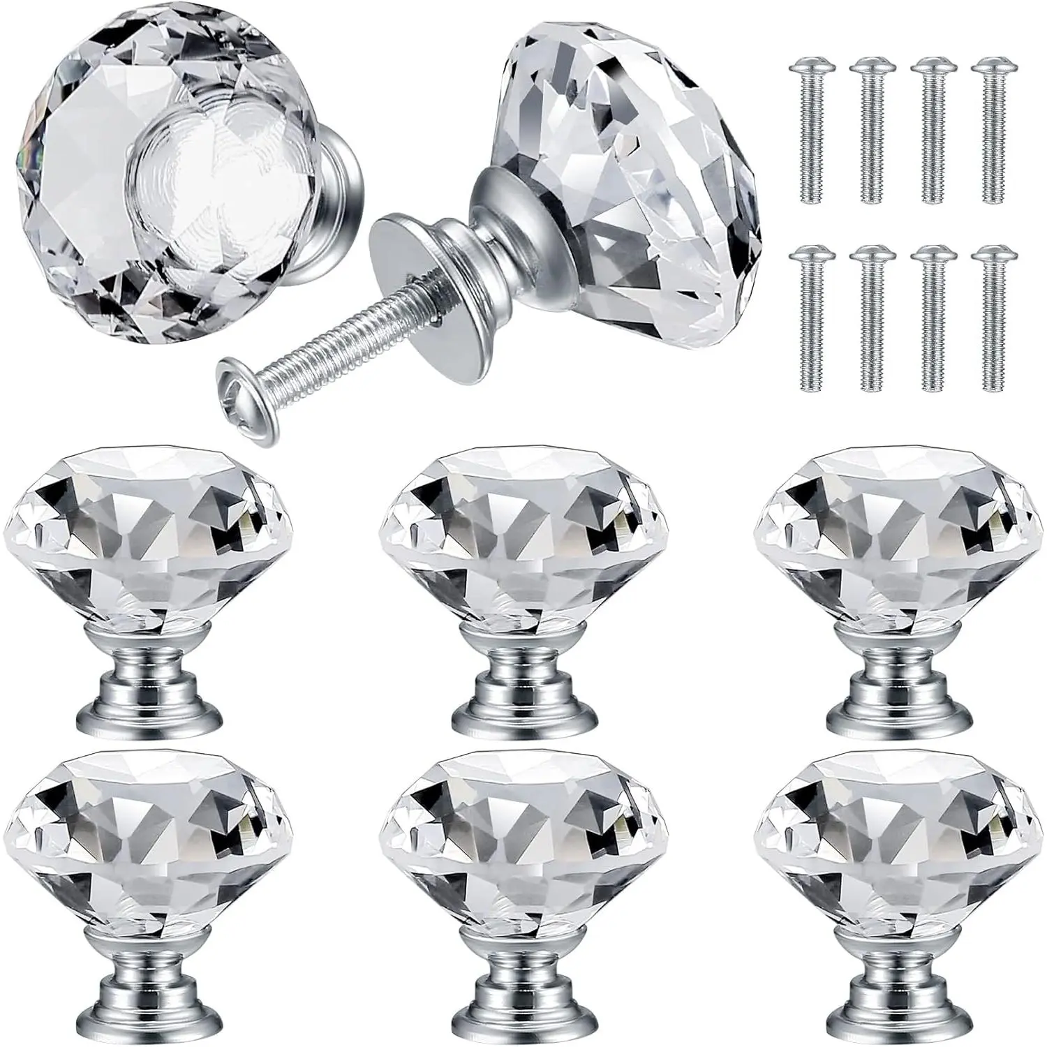 8 Pcs 30mm Silver Diamond Shape Decorative Crystal Glass Cabinet Knobs Pull Handles for Dresser Drawers Cupboard Wardrobe Kitchen Bathroom Bedroom Furniture