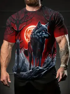 Men'S 3D Printed Wolf Graphic T-Shirt - Red Moon Design, Black & Red Wolf Silhouette, Polyester Blend, Short Sleeve, Casual Style, Streetwear, Spring/Summer/Fall Wear, Autumn Casual Wear| Wolf Silhouette Design| Detailed Print, Wolf Shirt, Plus Size