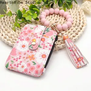 Women's Boho Style Beaded & Tassel Decorated Keychain with Flower Pattern Wallet, Girlfriend Gifts, Cute Trendy Keychain, Chic Gorgeous Keychain for Key & Bag Decor, Keychain Bag Pendant