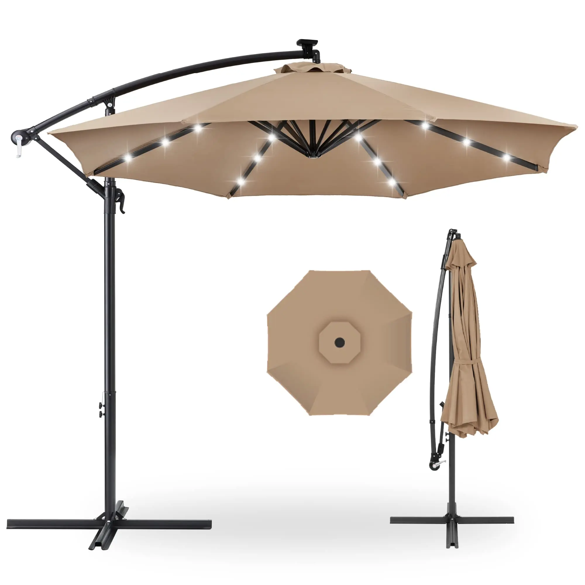 Garvee 10ft Solar LED Offset Cantilever Hanging Market Patio Umbrella, 8 Sturdy Ribs, Easy Adjustment - Tan Garvee 10ft Solar LED Offset Cantilever Hanging Market Patio Umbrella, 8 Sturdy Ribs, Easy Adjustment - Tan
