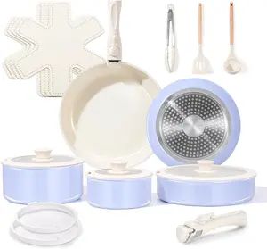 Ceramic Nonstick Pots and Pans Set 19 count with Detachable Handle, Induction Dishwasher Oven Safe Cookware Set, RV Kitchen Set Removable Handle (Light Purple)