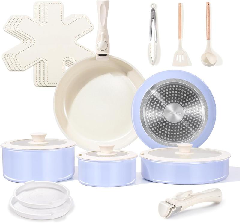 Ceramic Nonstick Pots and Pans Set 19 count with Detachable Handle, Induction Dishwasher Oven Safe Cookware Set, RV Kitchen Set Removable Handle (Light Purple)