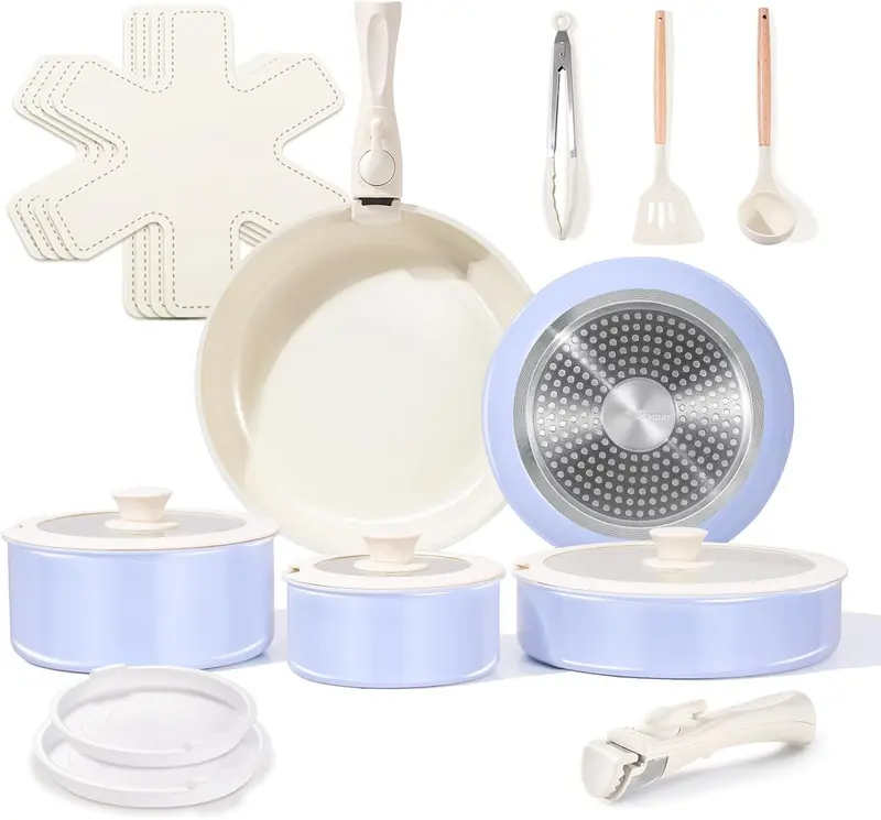 Ceramic Nonstick Pots and Pans Set 19 count with Detachable Handle, Induction Dishwasher Oven Safe Cookware Set, RV Kitchen Set Removable Handle (Light Purple)