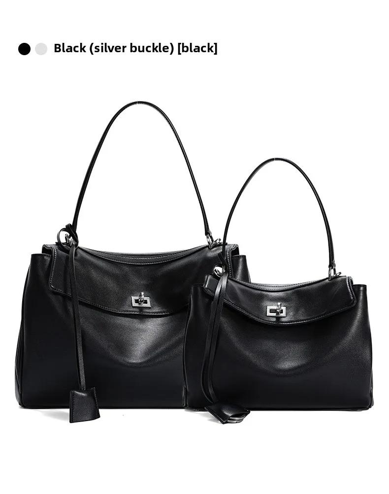 Minimalist Black Leather Work Tote Bag for Women Large Capacity Shoulder Bag with Gold Hardware