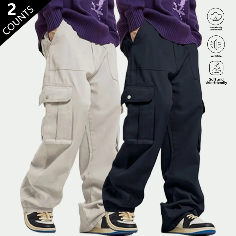 New men’s outdoor cargo pants—stylish, heavy duty cargo pants with a clean, minimalist look and multiple pockets. American street style at its finest, available in off white and black. Wide leg cargo pants that are trendy and fashionable, suitable for wor