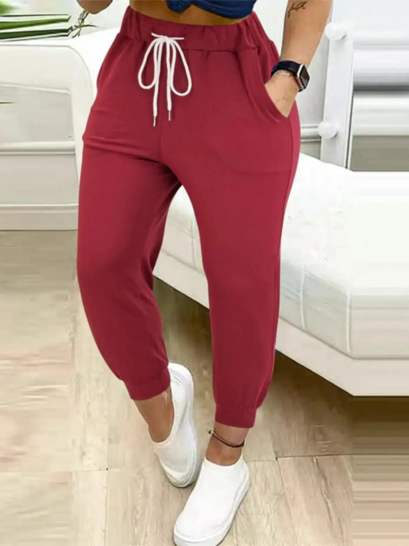 Women's Plain Drawstring Waist Jogger Pants, Casual Pocket High Waist Trousers for Daily Wear, Ladies Bottoms for All Seasons, Casual Sports Trousers