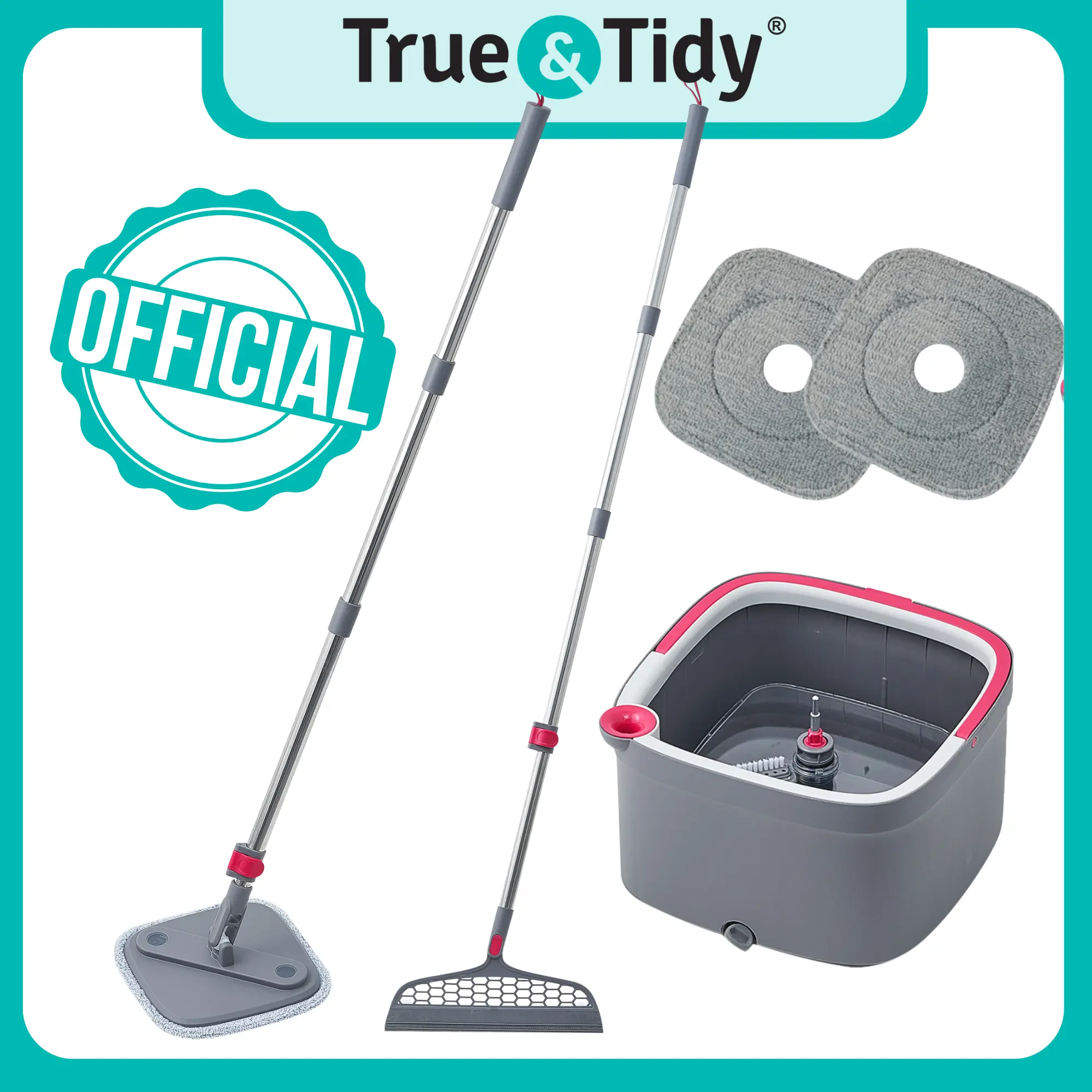 New True & Tidy Spin Mop: Self-wash, separates clean/dirty water, square mop, dual-compartment bucket, 2 washable pads, extra silicone sweeper head mop Rotating Mop Cleaning Adjustable