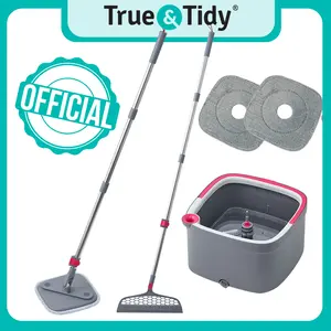 New True & Tidy Spin Mop: Self-wash, separates clean/dirty water, square mop, dual-compartment bucket, 2 washable pads, extra silicone sweeper head mop Rotating Mop Cleaning Adjustable