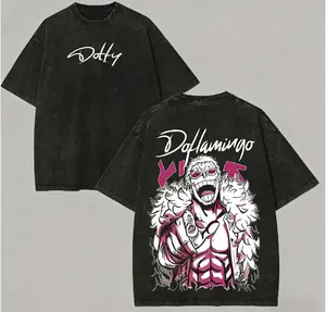 Retro Washed One Piece T-Shirt | Donquixote Doflamingo Double-Sided Graphic Tee, Vintage Black Cotton Crewneck, Casual Outdoor Streetwear, Unisex Short Sleeve Shirt for Men Women