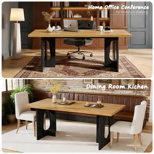 Modern Rectangular Dining Table for 6-8 – Spacious Farmhouse Kitchen Table, Sturdy Metal Pedestal Legs & Wood Top – Ideal for Home, Office, Apartment – Natural & Black