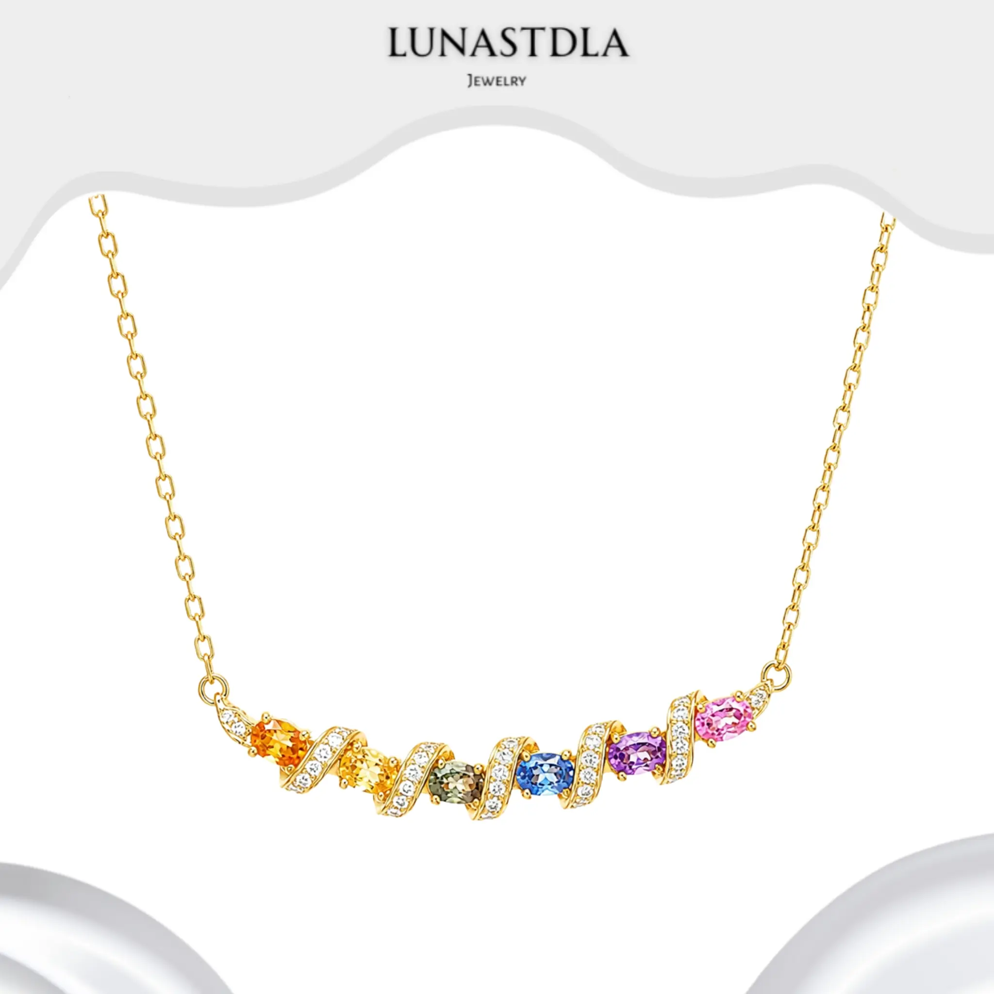 LunaStdla Rainbow Wave Necklace - Dainty Multicolor Cubic Zirconia Necklace, Minimalist Chic & Y2K Jewelry for Women Girls, Colorful Sparkle Perfect for Daily Wear Parties & Gifts