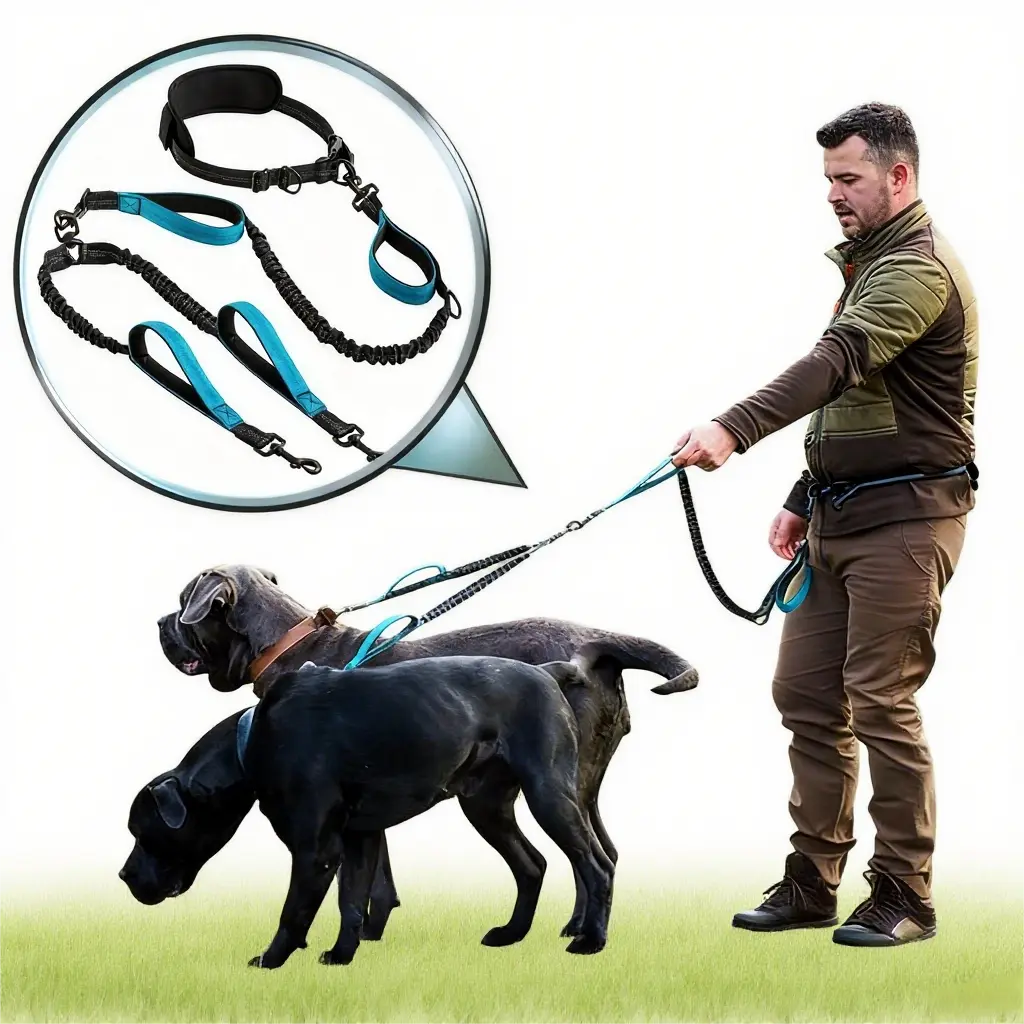 Double Dog Bungee Leash with Twist-Free Swivel - Nylon, Non-Slip Padded Handles, Reflective Safety Stitches, Shock-Absorb No-Pull, Tangle-Free for Medium/Large Breeds Outdoor Walking (Collars & Harnesses & Leads Accessory)