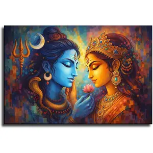 Radha Krishna Painting, Abstract Wall Art India Traditional Printed, Lord Krishna and Radha Wall Decor, India Woman Poster