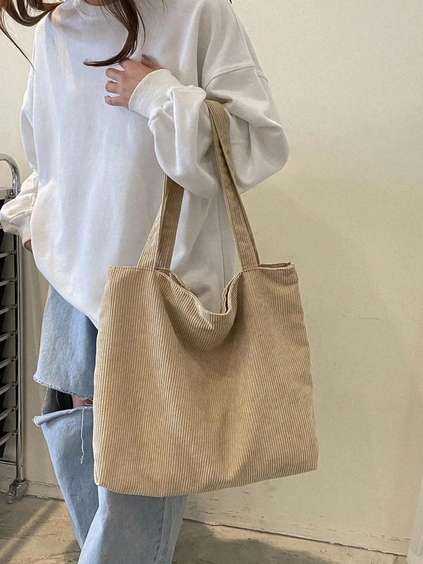 Women's Simple Plain Corduroy Zipper Closure Tote Bag, Lightweight Large Capacity Shopping & Commuting Shoulder Bag, Casual College Style Student Scho