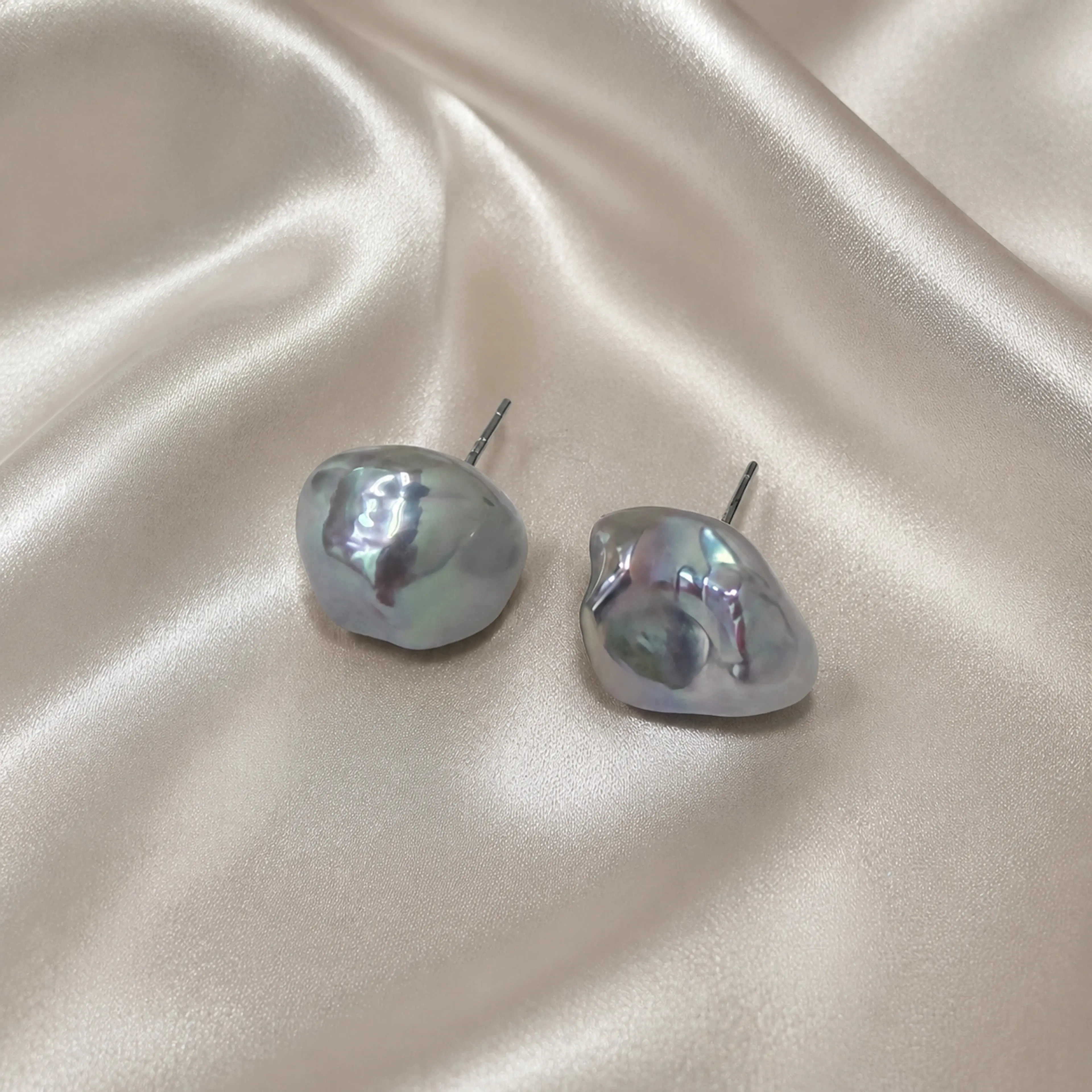 Freshwater Pearl Ear Studs Silvery Blue Cool White Keshi Baroque Studs S925 Silver Genuine Pearl Jewelry Unique Irregular Shape Daily Wear Minimalist Earrings