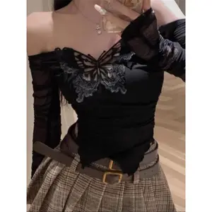 Women’s sheer top with butterfly embroidery and contrasting lace, featuring a romantic asymmetrical off-shoulder design and long sleeves; suitable for everyday wear and vacations; women’s apparel for all seasons GARMENTARY
