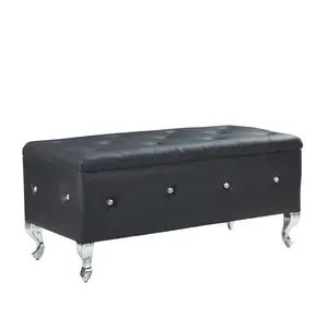 Storage Bench Upholstered Ottoman Bench For Bedroom End Of Bed Faux Leather Rectangular Storage Benches Footrest With Crystal Buttons For Living Room Entryway (Black)