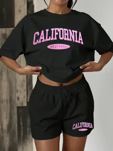 California West Coast Graphic Two-Piece Set, Tee Shorts Set for Women, Soft Cotton Blend Oversized T-Shirt & Drawstring Shorts, Casual Streetwear Y2K Aesthetic, Perfect for Summer Beach, Daily Outings & Lounge Wear, Black Pink Varsity Style