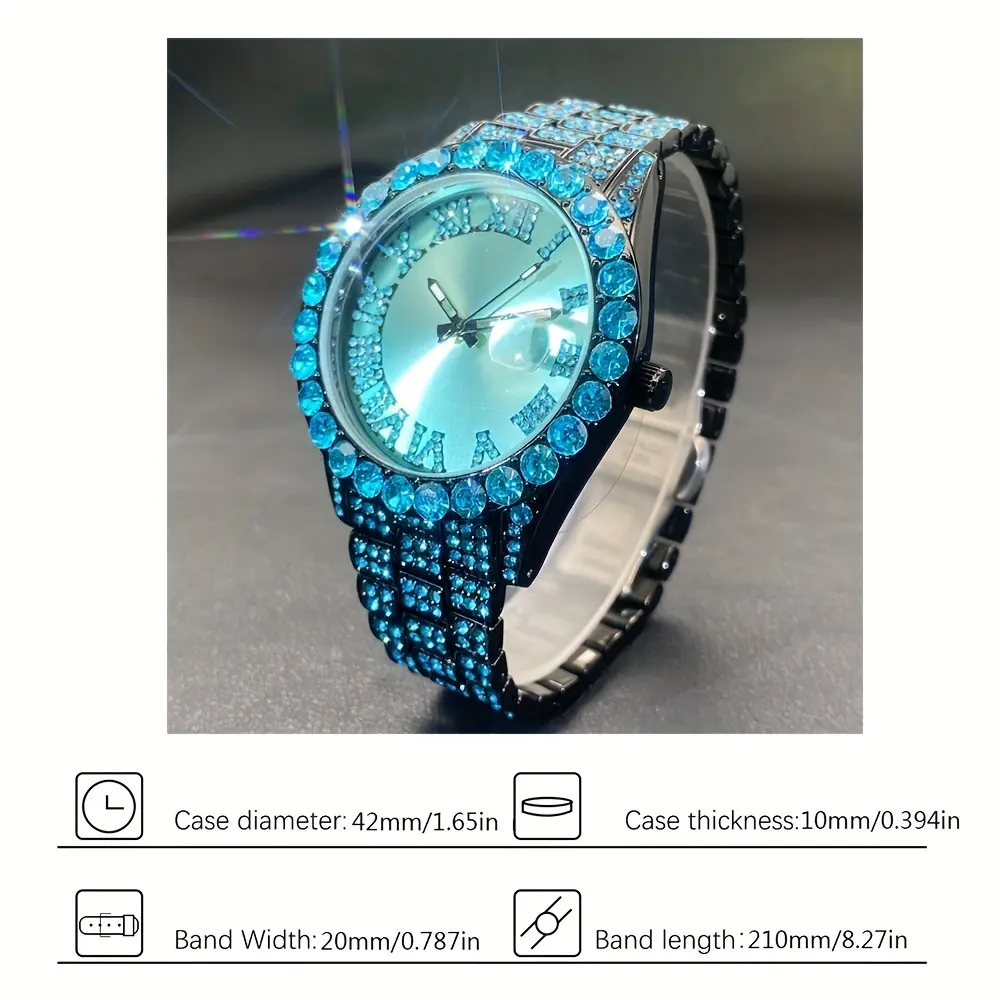 Iced Out Couples' Party Watch with Light Blue Rhinestone, Unisex Quartz Wristwatch with Calendar Feature and Luminous Display, Unisex Wear, Women, Iced Out Style, Rhinestone Details Wrist Watches