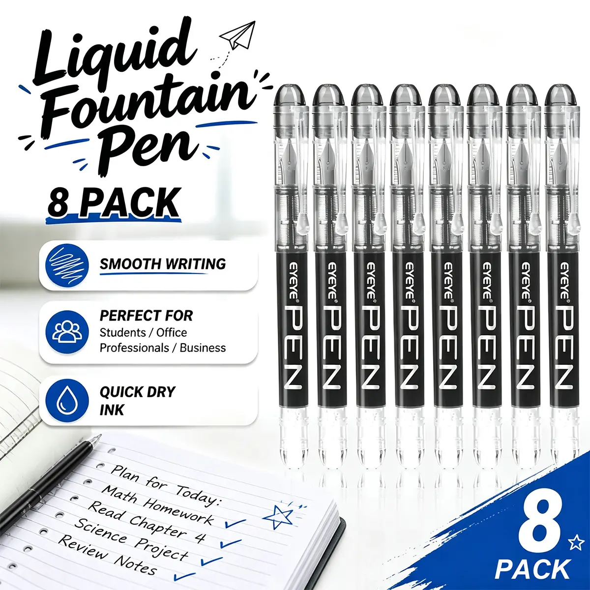 EYEYE 8-Pack Disposable Fountain Pens, Fine Point Stainless Steel Nibs, Ink-Visible Smooth Write Tool for Beginner Calligraphy Practice, Office & School Supplies