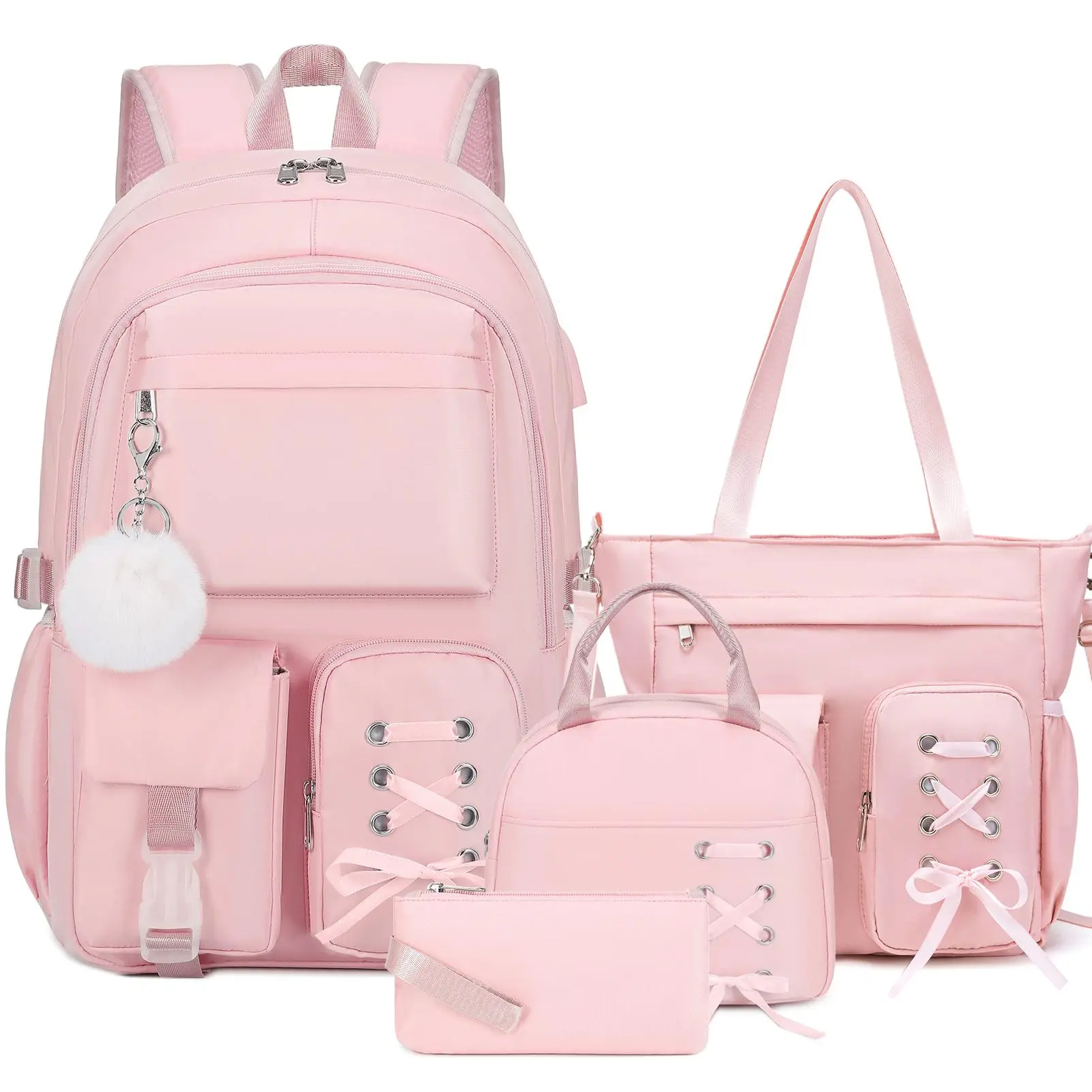 SIMILOVE Ribbon Gradient School Backpack with Laptop Compartment - Personal Item and Food Bag & Zip Pouch/Tote Bag for Women Teens School College Student Hiking, Bookbag Daypack Laptop Travel Backpack for Women, Waterproof, Lightweight,Organiser