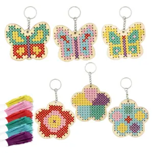 6 sets of wooden butterfly flower cross stitch set, keychain, plastic needle(random color) embroidery wooden sewing set