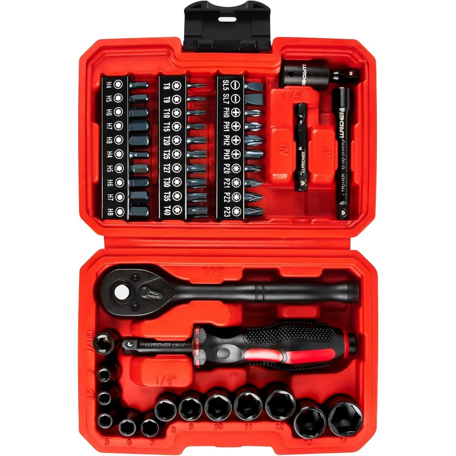 48-Piece (48-Count) 1/4-Inch Drive Impact Socket Mini Ratchet Wrench Tool Kit, 6-Point Metric Shallow Sockets (4-14mm), 72-Tooth Ratchet, Bit Set, Universal Joints, 3-Inch Extensions, Extend Rod, High-Visibility Markings Mechanic Tool Box for Impact Work