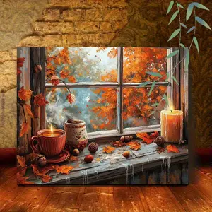 1 Piece Wooden Frame Canvas Autumn Window Scene Coffee and Candle Art Print Wall Decoration, Bedroom Living Room Home Decor Falling Leaves Acorns Canvas Poster Painting, Comes with Frame Ready to Hang Gift, Thanksgiving, Halloween, Christmas Artwork, 2D F