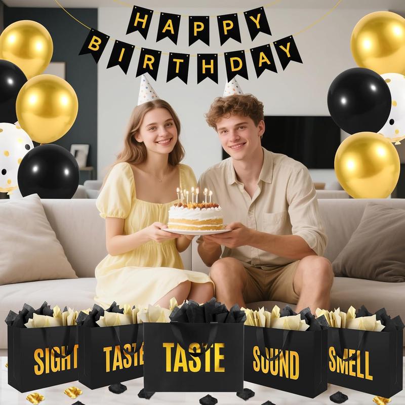 5 Senses Gift Bags For Him With Labels Tissue Paper And Handles, Comes With Birthday Decoration Rose Petals And Happy Birthday Banner Balloons(Black Gold, 12.6 x 8.7 x 4 inch)