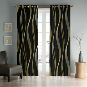 Modern Classic Curtains Set of 2, Elegant Gold Wave Pattern, Half Light Blocking, Round Top, Polyester Fabric, Living Room Drapes, Room Decor Curtain