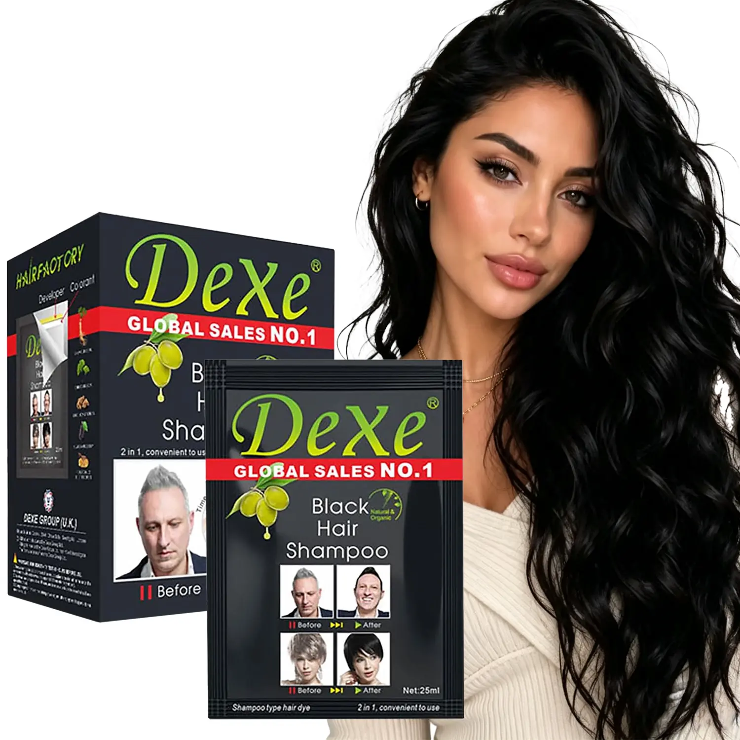 Dexe Black Hair Shampoo，Instant Hair Dye, Natural Ingredients (Pack of 10) | Natural Hair, Temporary Instant Hair Dye Maintain, Easy to Use, Lasts 30 Days, Natural Ingredients