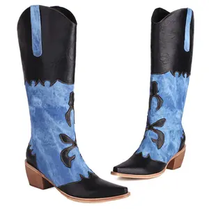 Women Denim Cowboy Boots Patchwork Knee High Boots Colorblock Western Cowgirl Mid Calf Jeans Shoes Pointed Toe Chunky Heel Pull On