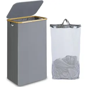 Say Goodbye to Clutter Bamboo Laundry Basket with Lid & Removable Bag, 100L Tall Laundry Hamper with Bamboo Handles, Durable Oxford Fabric, Easy to Install & Fold
