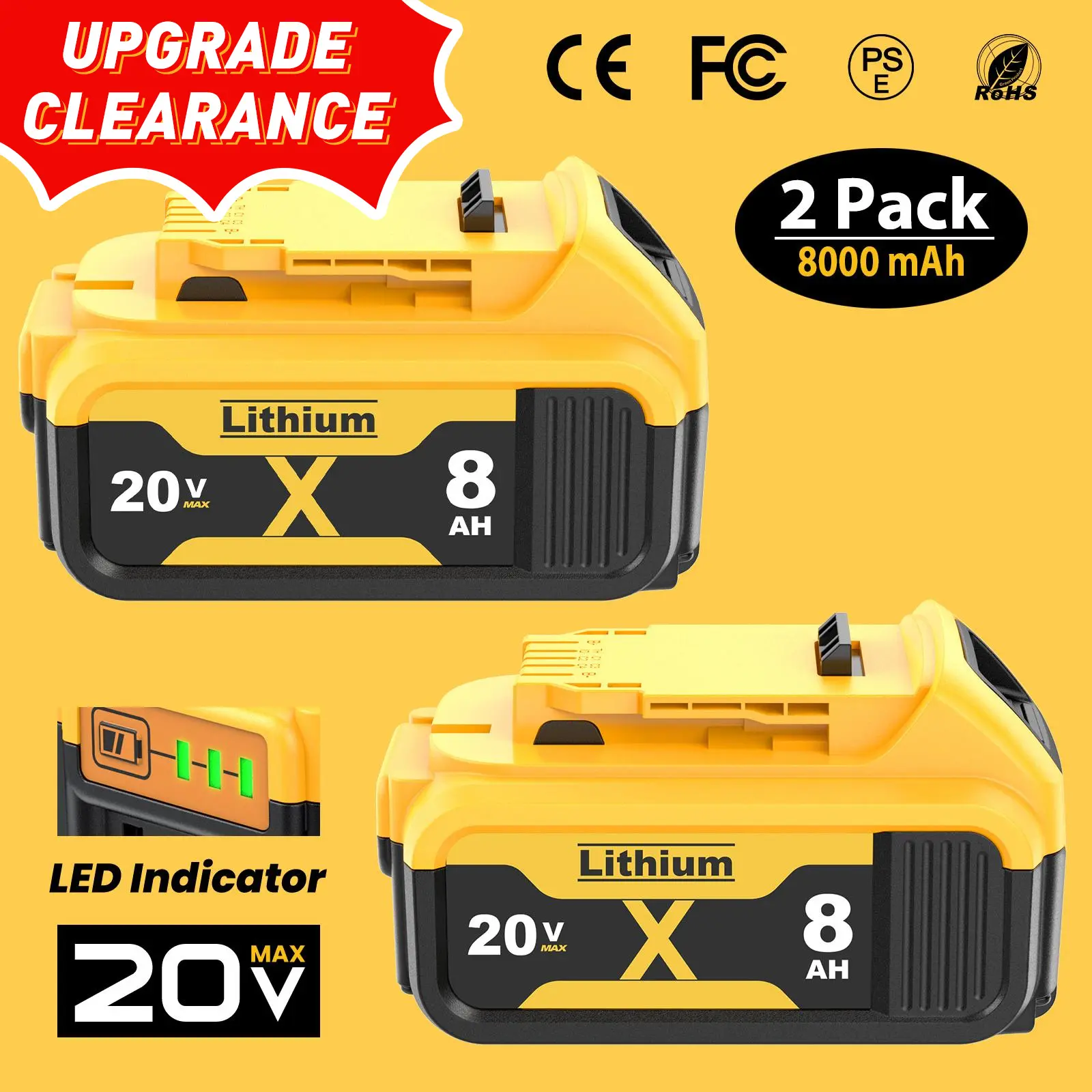 Father's Day Gift 2-Pack 8.0Ah Lithium Ion Power Tool Batteries, 20V Max XR Replacement for Dewalt Cordless Tools, Compatible with DCB180, DCB205, DCB206, DCB206-2, DCB200, DCB204, DCB204BT-2, DCB203, DCB201, DCB207 Cordless Drill Battery