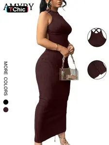 Women's Plain Solid Bodycon Slim Fit Sleeveless High Elastic Loose Round Neck Ribbed Casual Sexy Dress, Spring & Fall Fashion Womenswear Lady