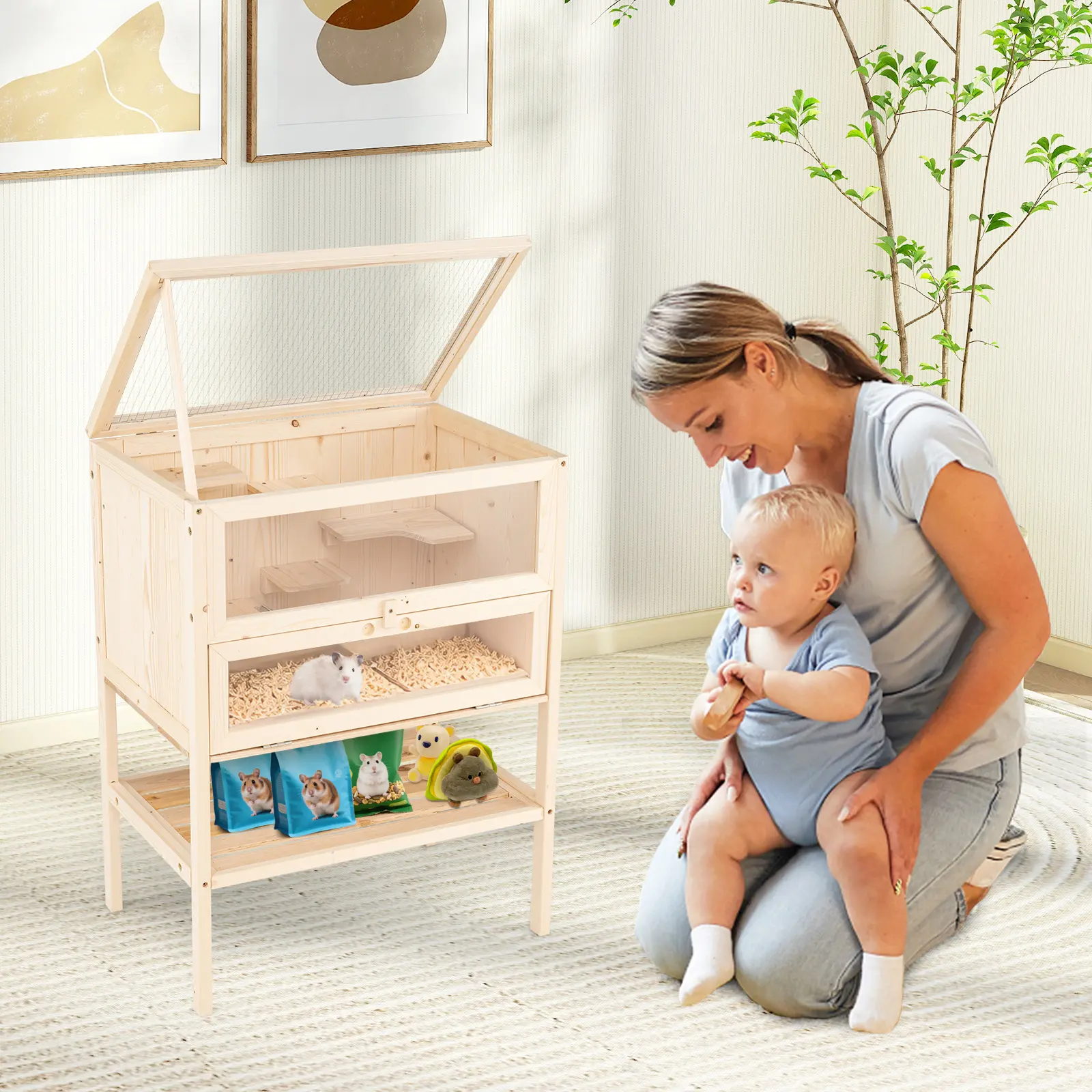 COSTWAY - 31.5 Inches Freestanding Hamster Cage Wooden Hamster Habitat Playpen-Natural