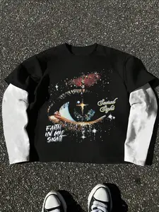 Unisex Long Sleeve T-Shirt, Vintage Cartoon Eye Print Design, Comfortable Fashion Casual Streetwear, All Seasons, Man
