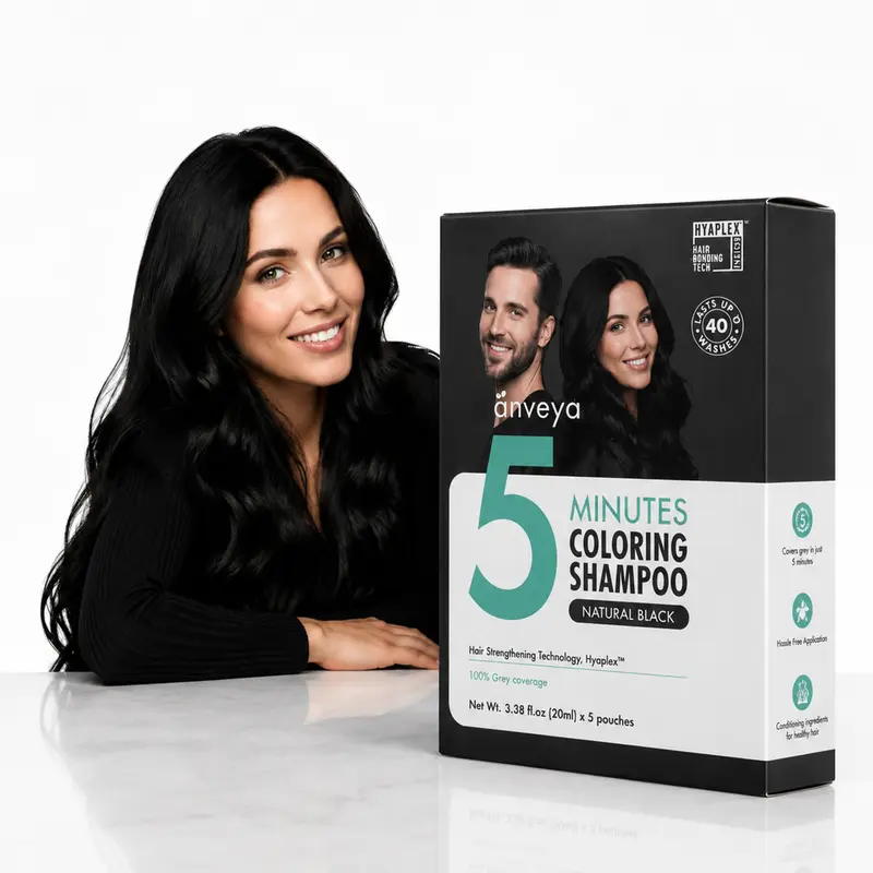 Anveya 3-in-1 Hair Dye Shampoo | Natural Black Hair Color | 5 Min 100% Grey Coverage | Anti-Stain, Ammonia Free, Cruelty-Free | Strengthens with Hyaluronic Acid & Arginine | Instant, Long-Lasting Fade-Resistant Black Color, Easy Use for Men & Women