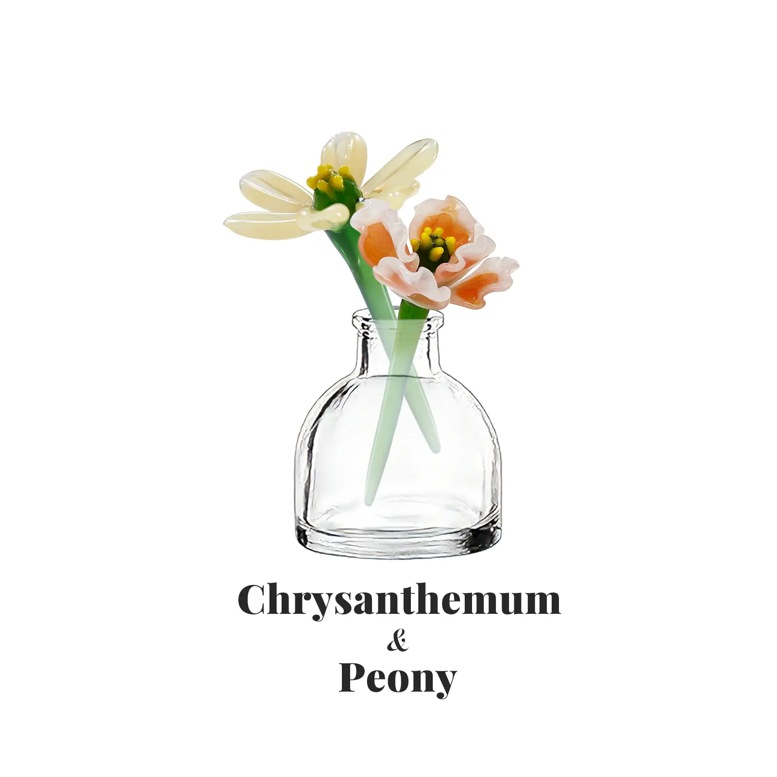 November Birth Flower Glass Chrysanthemum & Peony Set with Mini Vase, Handmade Forever Flowers, 2 Stem Floral Arrangement, Birthday Gift for Her, Mom, Wife, Sister, Best Friend, Home Desk Shelf Decor, Unique Glass Flower Bouquet