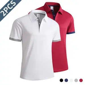 Set of 2 men’s fashion street-style polo shirts with a classic buttoned turn-down collar, casual short sleeves, solid colors, suitable for running and everyday wear; stylish design ideal for outdoor sports and golf.
