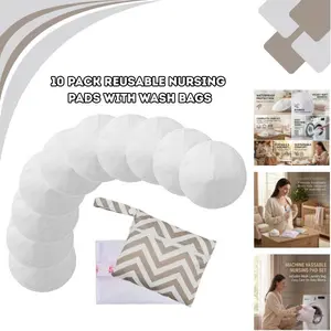 10 Pack Reusable Nursing Pads with Wash Bags, Bamboo Breastfeeding Pads Washable Organic Maternity Nipple Pads 3 Layer Anti Slip Leak Proof Comfort (4.72”)