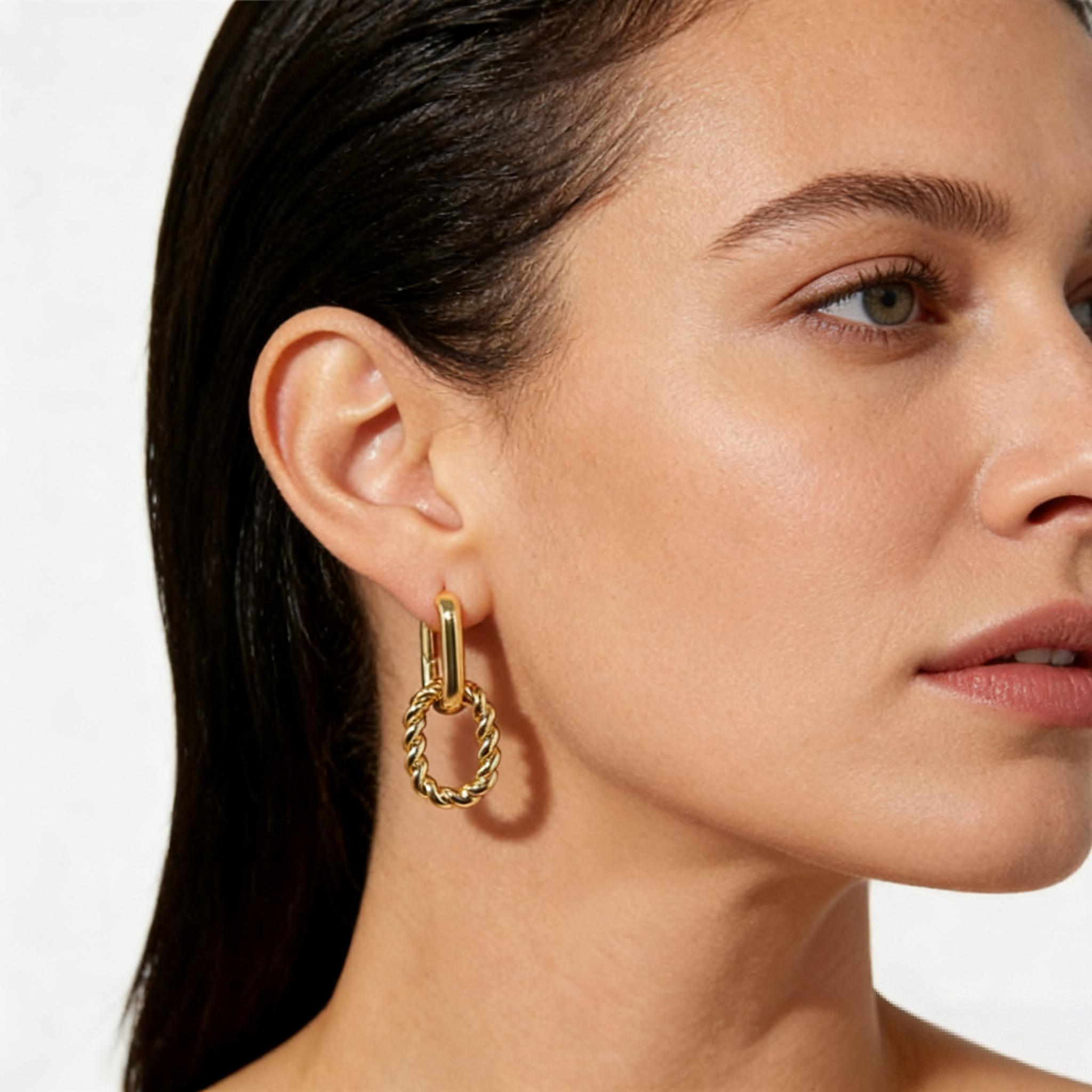 Gold Twisted Chain Link Earrings, Hypoallergenic 925 Silver Post, 18K Gold Plated Dangle Earrings, Vintage French Style, Waterproof Tarnish Free, Gift for Her