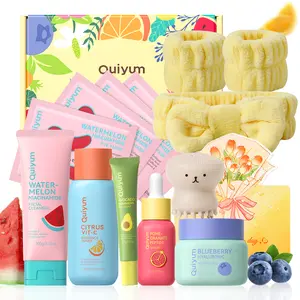 Quiyum Fruit Skincare Gift Box for Girls & Women, 14pcs Complete Facial Care Routine Kit with Eye Mask, Cleanser & Toner, Spa Headband & Brush Included, Best Birthday Anniversary Gift